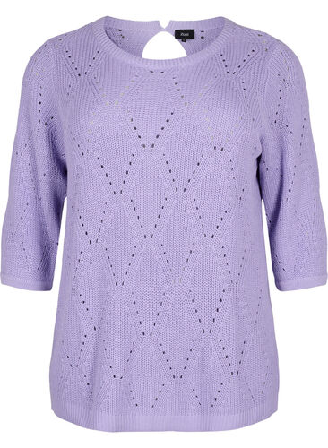 Stickad topp med 3/4-ärmar och hålmönster, Lavender, Packshot image number 0