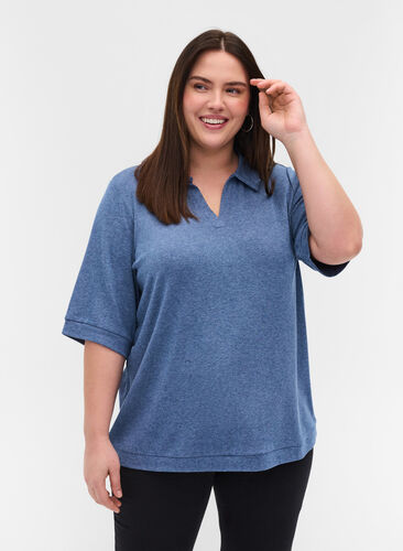 Melerad topp med krage och 2/4 ärmar, Blue Melange, Model image number 0