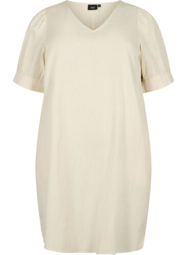 V-ringad klänning i bomullsblandning med linne, Sandshell, Packshot image number 0