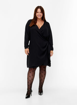 Långärmad viskosklänning med omlottlook, Black, Model image number 2