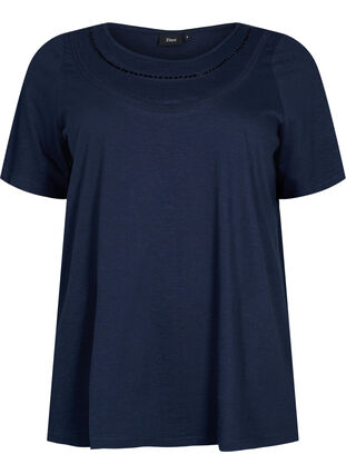 T-shirt i bomull med spetsband, Navy Blazer, Packshot image number 0
