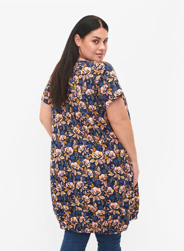 Kortärmad bomullsklänning med mönster, Blue Orange Flower, Model image number 1
