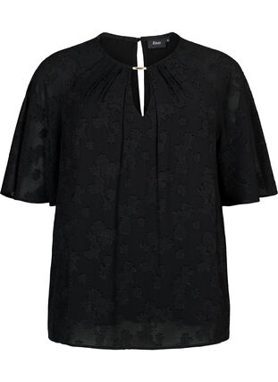 Kortärmad blus med struktur, Black, Packshot image number 0