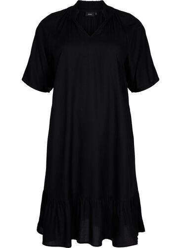 Kortärmad klänning i viskos med v-ringning, Black, Packshot image number 0
