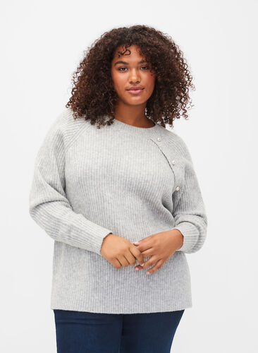 Melerad stickad tröja med pärlknappar, Light Grey Melange, Model image number 0