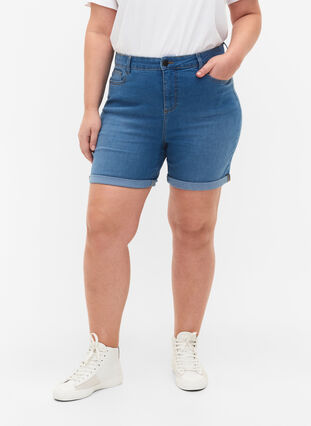Jeansshorts med hög midja och slim fit, Medium Blue Denim, Model image number 2