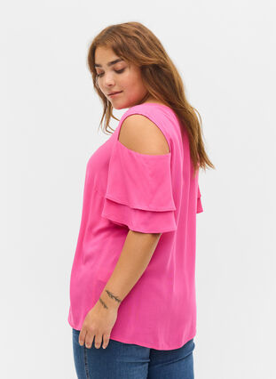 Kortärmad blus i viskos, Fuchsia Purple, Model image number 1
