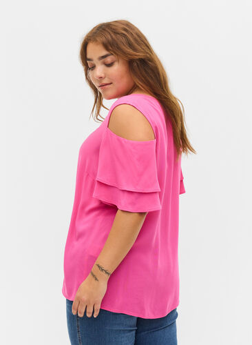 Kortärmad blus i viskos, Fuchsia Purple, Model image number 1