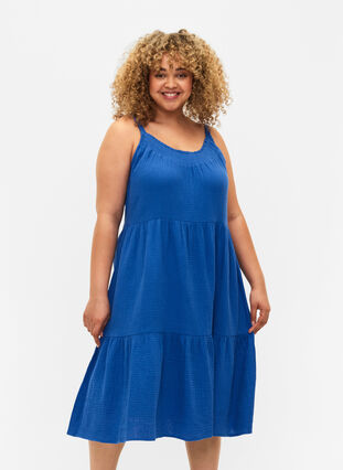 Enfärgad klänning i bomull, Victoria blue, Model image number 0