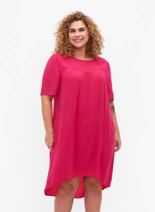 Klänning i viskos med spetsband, Bright Rose, Model image number 0