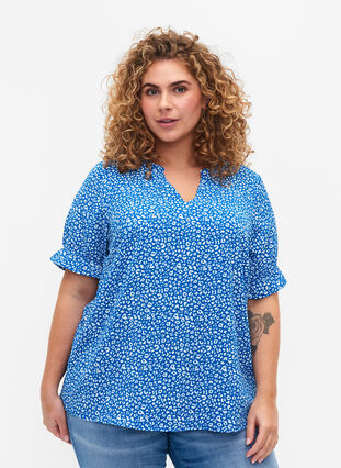 Kortärmad blus med tryck , Blue Ditsy, Model image number 0