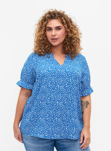 Kortärmad blus med tryck , Blue Ditsy, Model image number 0