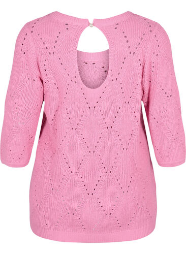 Stickad topp med 3/4-ärmar och hålmönster, Begonia Pink, Packshot image number 1