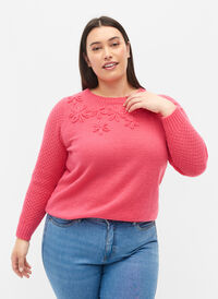 Stickad blus med blomsterdetaljer, Hot Pink, Model
