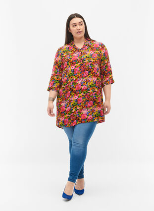 Blommig viskostunika med 3/4-ärmar, Neon Flower Print, Model image number 2