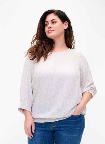 Blommig viskosblus med smock och 3/4-ärmar, White Ditsy AOP, Model image number 0