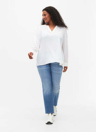 Långärmad blus med spetsdetalj , Bright White, Model image number 2