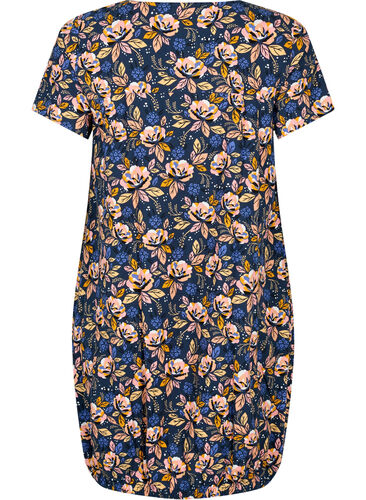 Kortärmad bomullsklänning med mönster, Blue Orange Flower, Packshot image number 1