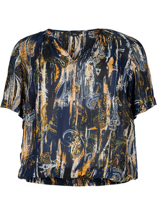 Kortärmad blus i viskos med smock, Navy Blazer AOP, Packshot image number 0