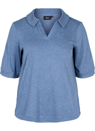 Melerad topp med krage och 2/4 ärmar, Blue Melange, Packshot image number 0