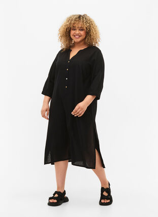 Lång skjortklänning med 3/4-ärmar, Black, Model image number 0