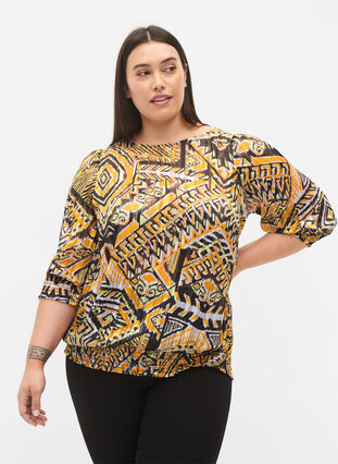 Mönstrad blus med smock och 3/4-ärmar, Yellow Aztec AOP, Model image number 0