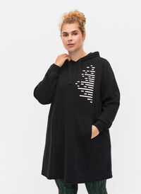 Lång sweatshirt med huva och fickor, Black, Model