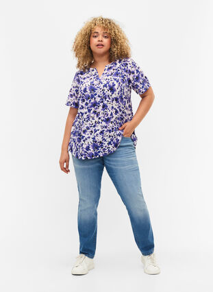 V-ringad blus med korta ärmar, Purple Small Flower, Model image number 2