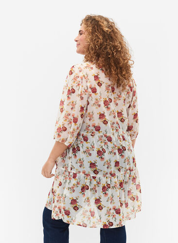 FLASH - Tryckt tunika med 3/4-ärmar, Off White Flower, Model image number 1