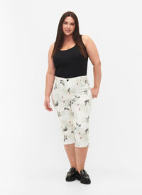 Capri jeans med blommönster och hög midja, White Flower AOP, Model