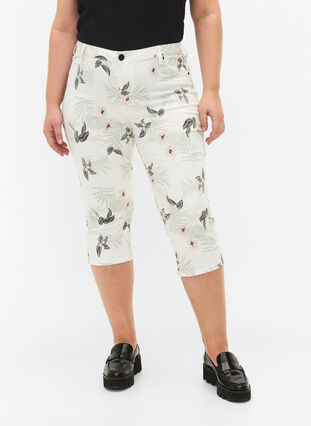 Capri jeans med blommönster och hög midja, White Flower AOP, Model image number 2