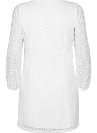 V-ringad klänning i spets med långa ärmar, Bright White, Packshot image number 1