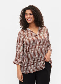 Blus med tryck och 3/4-ärmar (GRS), Brown Abstract AOP, Model