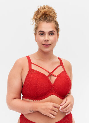 Vadderad bh med spets och snörning, Red Ass., Model image number 0