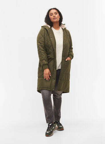 Quiltat jacka med huva och justerbar midja, Forest Night, Model image number 2