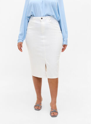 Knälång jeanskjol med slits, White, Model image number 2