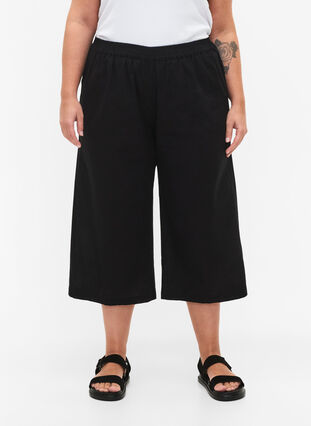 Croppade byxor i bomullsmix med linne, Black, Model image number 2