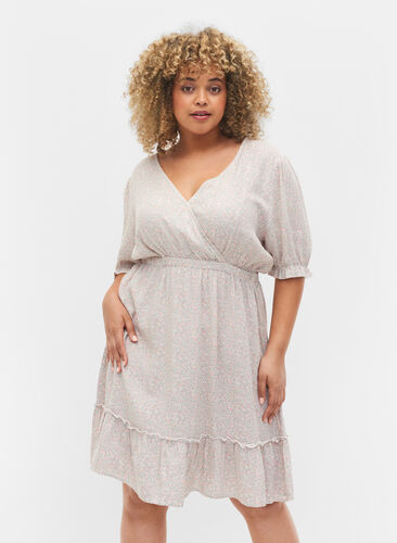 Blommig viskosklänning med korta ärmar, White Ditsy AOP, Model image number 0