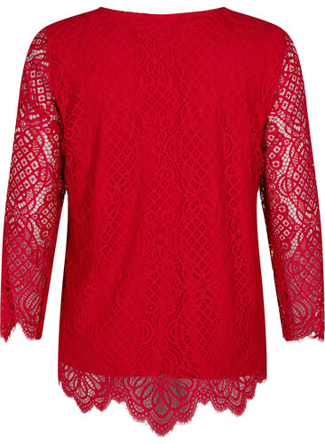 Långärmad spetsblus med V-ringad hals, Tango Red, Packshot image number 1