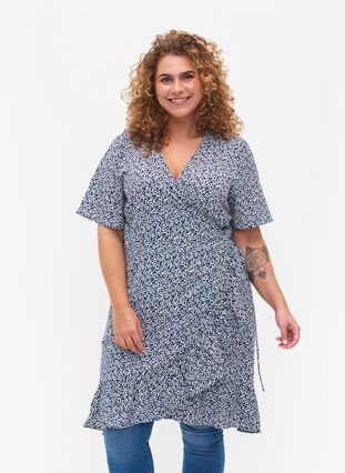 Blommig omlottklänning med korta ärmar, Petit Blue Flower, Model image number 0