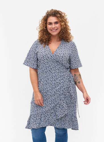 Blommig omlottklänning med korta ärmar, Petit Blue Flower, Model image number 0