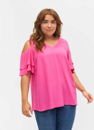 Kortärmad blus i viskos, Fuchsia Purple, Model image number 0