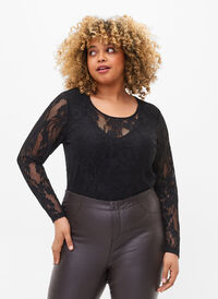 Body med spets och långa ärmar, Black, Model