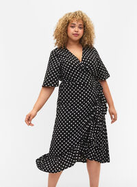 Tryckt omlottklänning med korta ärmar, Black Dot, Model