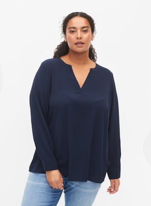 Långärmad blus med spetsdetalj , Navy Blazer, Model image number 0