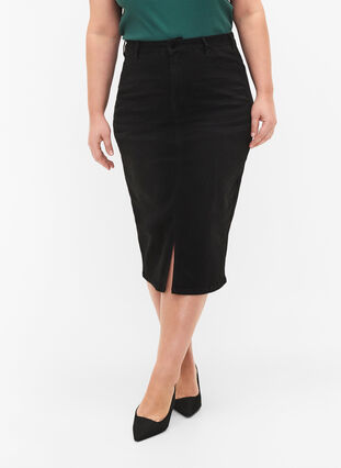 Knälång jeanskjol med slits, Black, Model image number 2