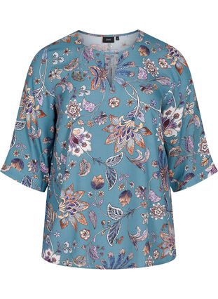 Mönstrad viskosblus med korta ärmar, Smoke Blue Paisley, Packshot image number 0