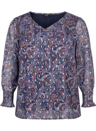 Paisleyblus med långa ärmar och v-ringad, Blue Paisley AOP, Packshot image number 0