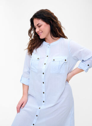 Lång skjortklänning i randigt bomullstyg, Blue Stripe, Model image number 2