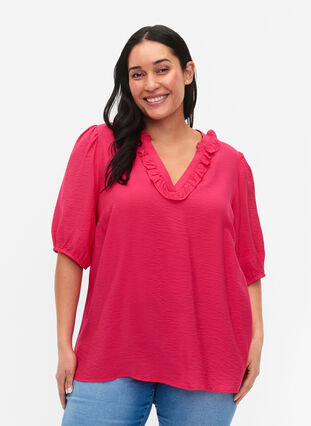 Blus i viskos med puffärm och volanger, Bright Rose, Model image number 0